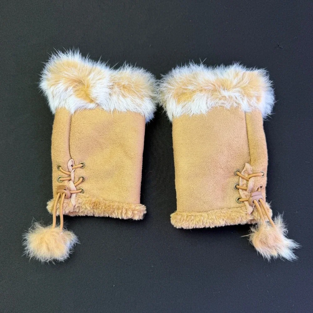 All Jazzed Up Faux Suede Fur Trim Fingerless Gloves Tan Pom Pom Y2K Winter OS
